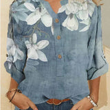 Camisa feminina de gola alta em algodão com bordados florais