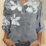 Camisa feminina de gola alta em algodão com bordados florais