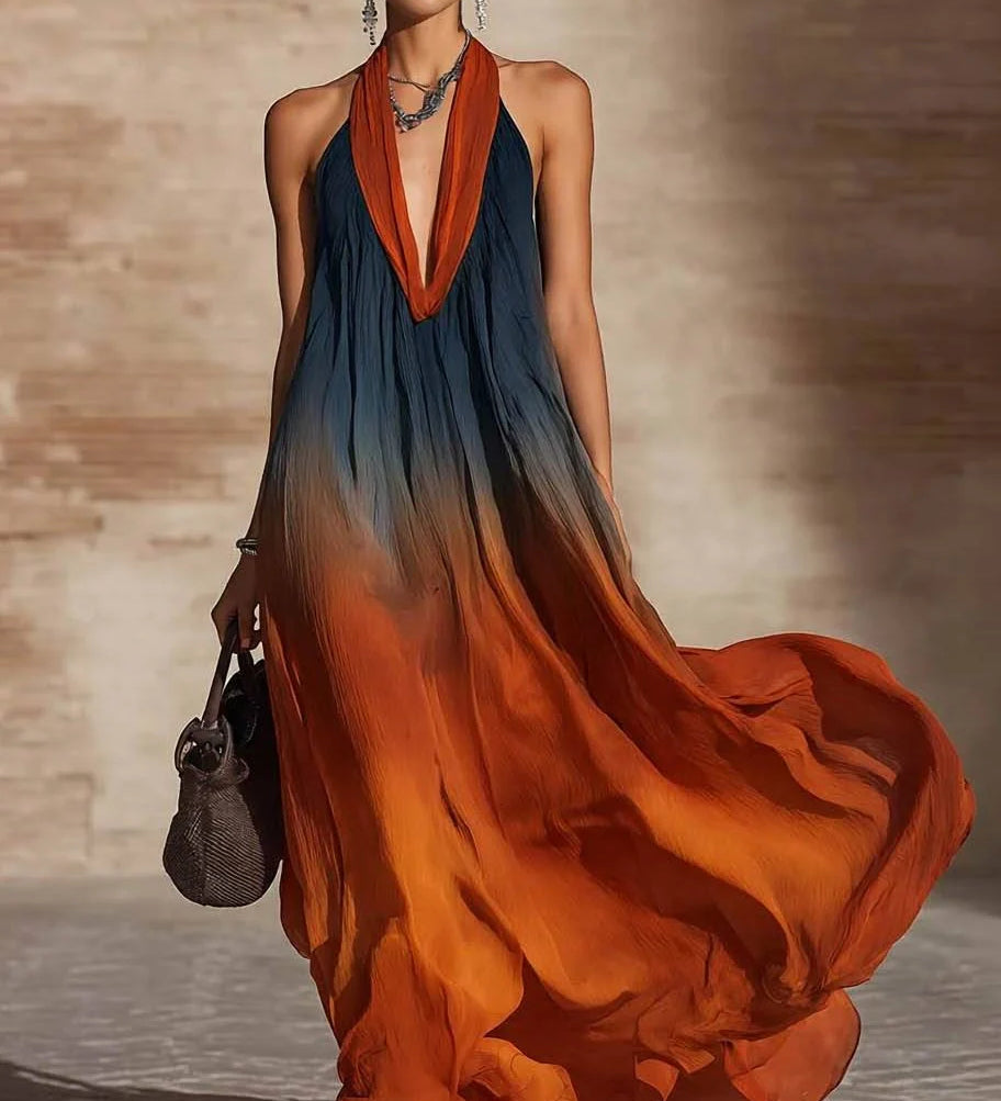 **Jacinta | Vestido Comprido Degradé com Decote em V ou Gola**