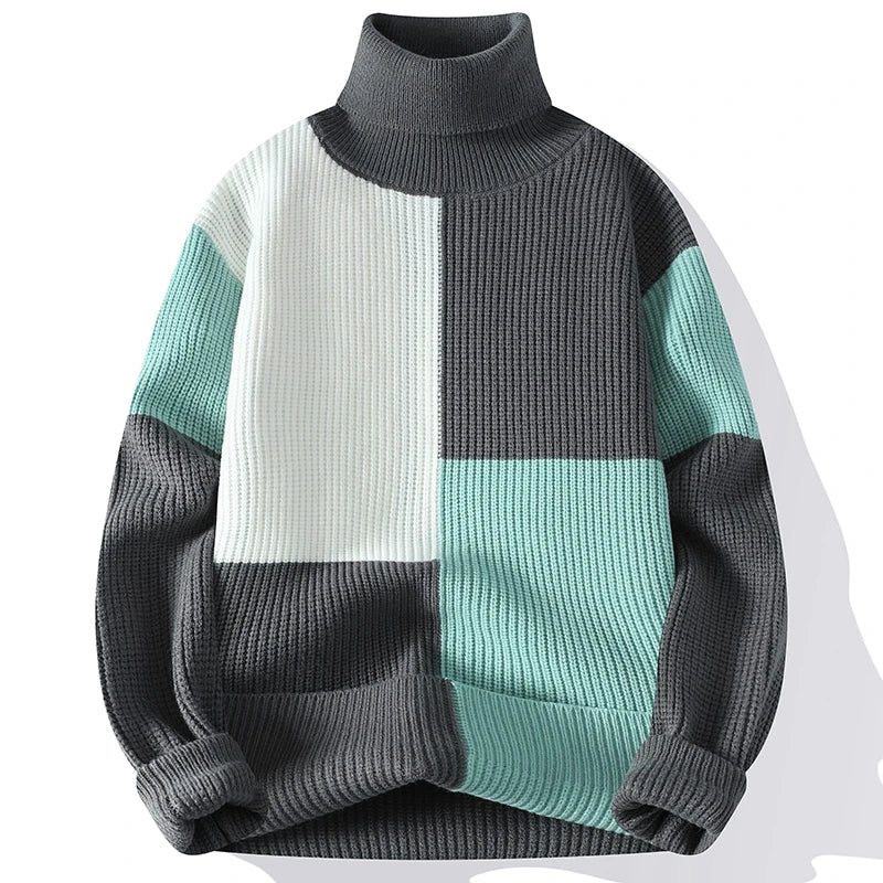 Elegante camisola de gola alta com patchwork