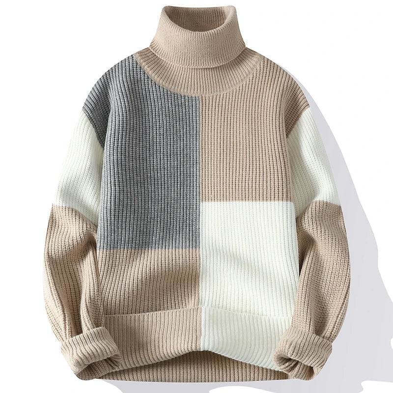 Elegante camisola de gola alta com patchwork