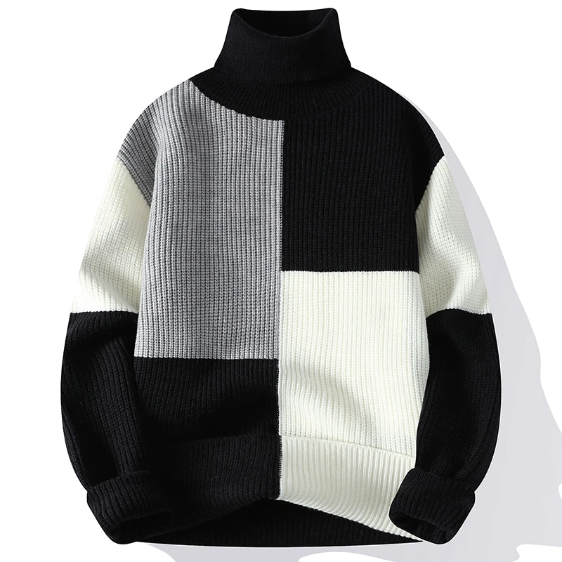 Elegante camisola de gola alta com patchwork