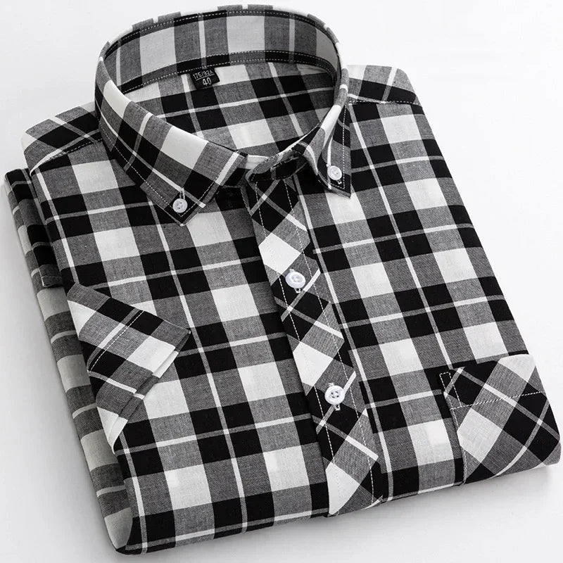 Camisa de algodão de manga curta axadrezada