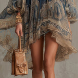 Mariana | Mini Vestido em Chiffon Azul-Marinho com Estampado Barroco Dourado