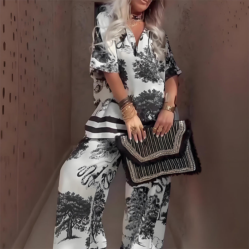 Blusa com decote em V estampada + calça comprida – Estilo de verão elegante e leve